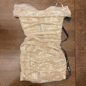 Heiress Beverly Nude Sequin Corset Drape Dress